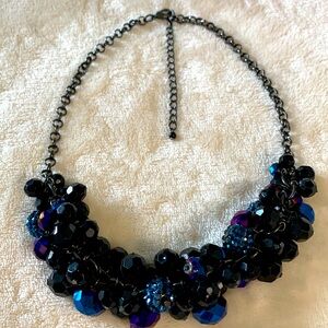 Black and Iridescent Blue Cluster Bead Choker Necklace on Black Chain
